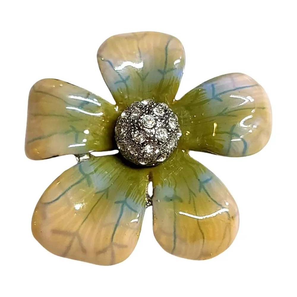 Vintage Metal Enamel Rhinestones Flower Brooch Pin Spring